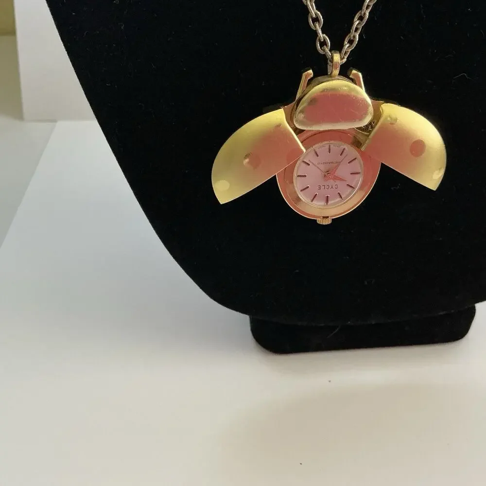Vintage Cycle Watch Pendant‎ Gold Tone Beetle Gold Tone Chain